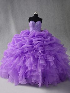 Artistic Lavender Sleeveless Floor Length Beading and Ruffles and Pick Ups Lace Up Quince Ball Gowns