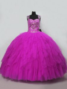 Admirable Fuchsia Straps Lace Up Beading and Ruffles Ball Gown Prom Dress Sleeveless