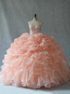 Hot Sale Peach Organza Lace Up Vestidos de Quinceanera Sleeveless Floor Length Beading and Ruffles