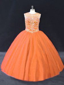 Best Floor Length Orange Sweet 16 Dress Tulle Sleeveless Beading