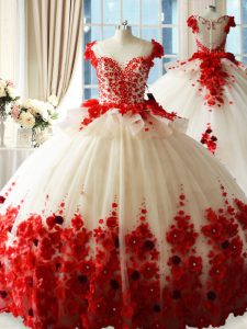 Custom Fit Red Sleeveless Brush Train Hand Made Flower Ball Gown Prom Dress