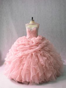 High End Beading and Ruffles and Pick Ups Quinceanera Gowns Pink Lace Up Sleeveless Brush Train