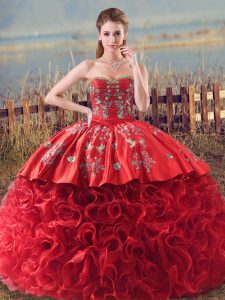 Super Coral Red Sweetheart Lace Up Embroidery and Ruffles Quinceanera Dresses Brush Train Sleeveless
