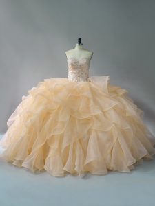 Dazzling Sleeveless Brush Train Beading and Ruffles Lace Up Sweet 16 Quinceanera Dress