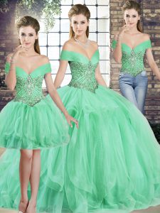 Elegant Off The Shoulder Sleeveless 15th Birthday Dress Floor Length Beading and Ruffles Apple Green Tulle