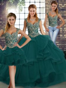 High Class Three Pieces Quinceanera Dresses Peacock Green Straps Tulle Sleeveless Floor Length Lace Up
