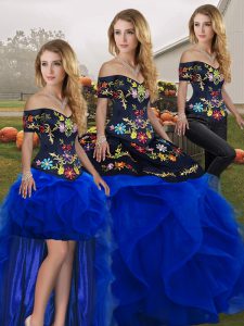 Floor Length Royal Blue Sweet 16 Dresses Tulle Sleeveless Embroidery and Ruffles