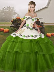 Olive Green Sleeveless Embroidery and Ruffled Layers Lace Up Quinceanera Gowns