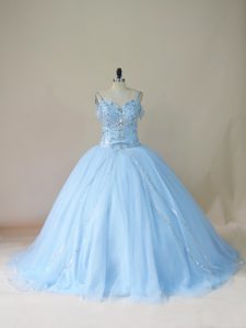 Glittering Straps Sleeveless Brush Train Lace Up Sweet 16 Dress Light Blue Tulle