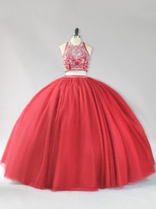 Vintage Red Backless Halter Top Beading Quinceanera Gown Tulle Sleeveless