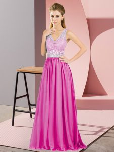 V-neck Sleeveless Prom Evening Gown Beading and Lace Hot Pink Chiffon