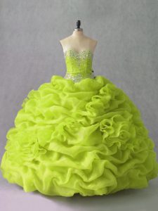 Admirable Sweetheart Sleeveless Ball Gown Prom Dress Floor Length Beading and Pick Ups and Hand Made Flower Yellow Green Organza