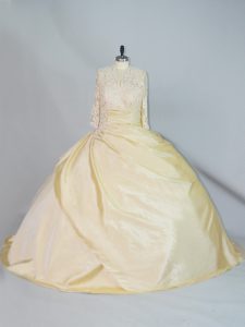 Cute Yellow 15th Birthday Dress For with Lace High-neck Long Sleeves Brush Train Lace Up