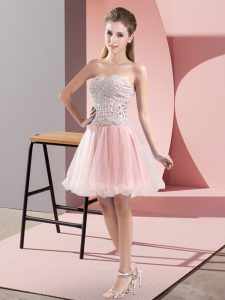 Mini Length Pink Prom Gown Tulle Sleeveless Beading