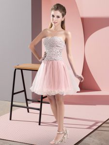 Mini Length Pink Prom Gown Tulle Sleeveless Beading