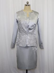 Grey Satin Zipper Sleeveless Mini Length Lace and Appliques