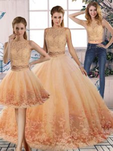 Peach Sleeveless Sweep Train Lace Quince Ball Gowns
