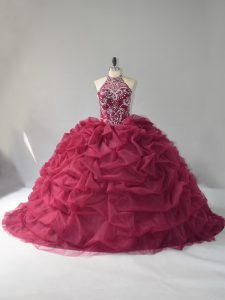 Fashion Burgundy Sleeveless Beading and Pick Ups Lace Up Sweet 16 Quinceanera Dress