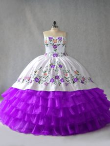 Most Popular White And Purple Lace Up Sweetheart Embroidery and Ruffled Layers Sweet 16 Dress Organza Sleeveless