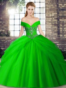 Brush Train Ball Gowns Quinceanera Gowns Green Off The Shoulder Tulle Sleeveless Lace Up