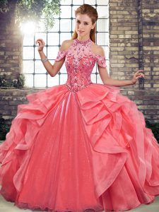 Dazzling Halter Top Sleeveless Organza Quinceanera Gown Beading and Ruffles Lace Up