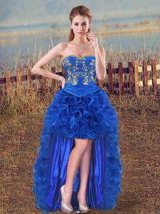 Dynamic Royal Blue Sleeveless High Low Embroidery and Ruffles Lace Up Prom Party Dress