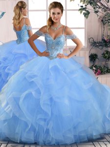 Low Price Blue Sleeveless Beading and Ruffles Floor Length Sweet 16 Dresses