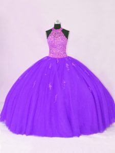 Purple Sleeveless Organza Lace Up 15 Quinceanera Dress for Sweet 16 and Quinceanera
