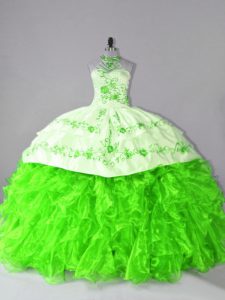 Customized Embroidery and Ruffles Ball Gown Prom Dress Lace Up Sleeveless Court Train