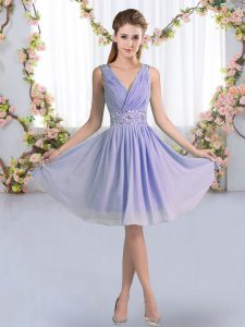 Vintage Knee Length Lavender Vestidos de Damas Chiffon Sleeveless Beading