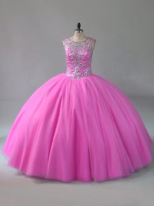 Custom Designed Scoop Sleeveless Quinceanera Dress Floor Length Beading Rose Pink Tulle