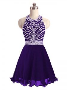 Purple Empire Halter Top Sleeveless Chiffon Mini Length Lace Up Beading Prom Dresses