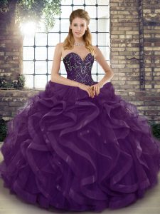 Dark Purple Ball Gowns Tulle Sweetheart Sleeveless Beading and Ruffles Floor Length Lace Up Quince Ball Gowns