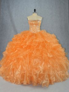 Orange Quinceanera Dress Sweet 16 and Quinceanera with Beading and Ruffles Strapless Sleeveless Lace Up