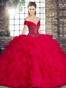 High Class Red Ball Gowns Off The Shoulder Sleeveless Tulle Floor Length Lace Up Beading and Ruffles 15th Birthday Dress
