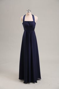 Navy Blue Sleeveless Floor Length Ruching Lace Up Evening Dress