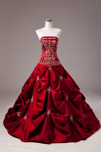 Captivating Sleeveless Taffeta Brush Train Lace Up Vestidos de Quinceanera in Wine Red with Embroidery and Pick Ups