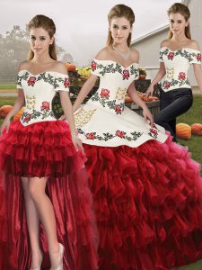Fitting Wine Red Organza Lace Up Off The Shoulder Sleeveless Floor Length 15 Quinceanera Dress Embroidery and Ruffled Layers