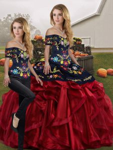 Flirting Embroidery and Ruffles Vestidos de Quinceanera Red And Black Lace Up Sleeveless Floor Length