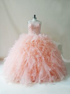 Peach Lace Up Scoop Beading and Ruffles Quince Ball Gowns Tulle Sleeveless