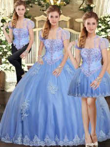 Enchanting Light Blue Lace Up Ball Gown Prom Dress Beading and Appliques Sleeveless Floor Length