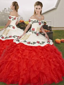 Floor Length Lace Up Quinceanera Dress White And Red for Military Ball and Sweet 16 and Quinceanera with Embroidery and Ruffles