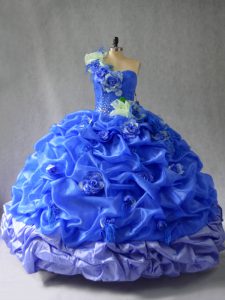 Blue Ball Gowns One Shoulder Sleeveless Organza Floor Length Lace Up Pick Ups and Hand Made Flower Quince Ball Gowns