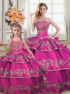Customized Fuchsia Satin and Organza Lace Up Quinceanera Dresses Sleeveless Floor Length Ruffled Layers