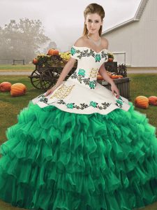 Modest Sleeveless Lace Up Floor Length Embroidery and Ruffled Layers 15 Quinceanera Dress
