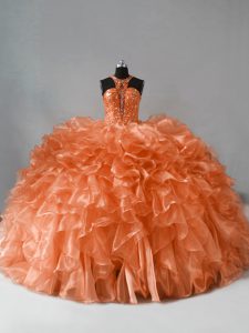 Orange Ball Gowns Beading and Ruffles Quinceanera Gowns Zipper Organza Sleeveless