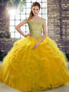 Fine Lace Up Quinceanera Dress Gold for Military Ball and Sweet 16 and Quinceanera with Beading and Ruffles Brush Train