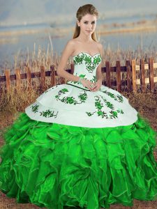 Flare Green Ball Gowns Embroidery and Ruffles and Bowknot 15 Quinceanera Dress Lace Up Organza Sleeveless Floor Length