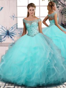 Aqua Blue Tulle Lace Up 15th Birthday Dress Sleeveless Floor Length Beading and Ruffles
