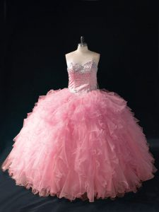 Captivating Pink Sweetheart Lace Up Beading and Ruffles Vestidos de Quinceanera Sleeveless